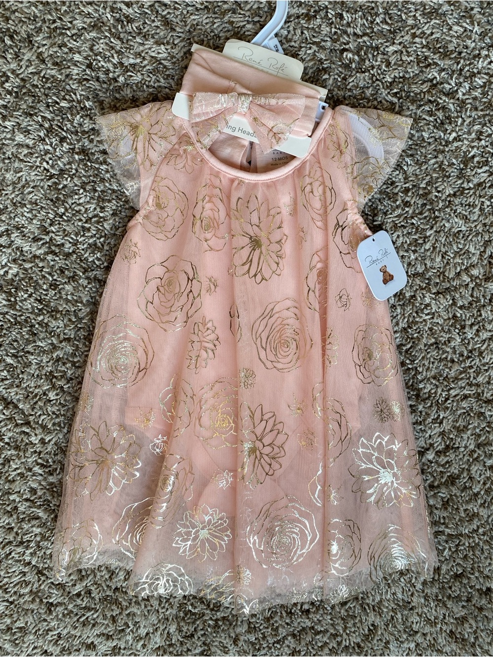 Rene Rofe Baby Girls Pink and Gold Floral Tulle Dress with Bow Headband